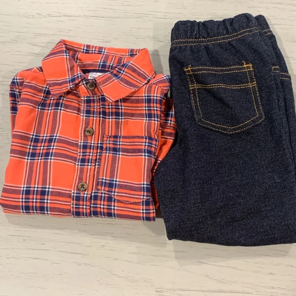 Carter's Vibrant Plaid Button Down Shirts - Red and Orange / Jean & Sweat-pant - Picture 2 of 14
